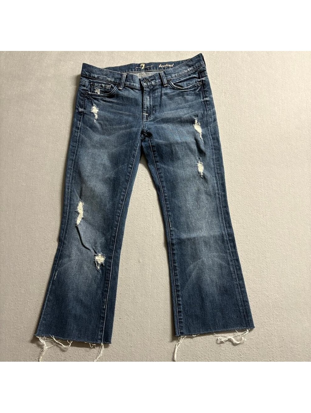 7 For All Mankind Bootcut Jeans Womens 28 Distressed Raw Hem Blue Denim Stretch